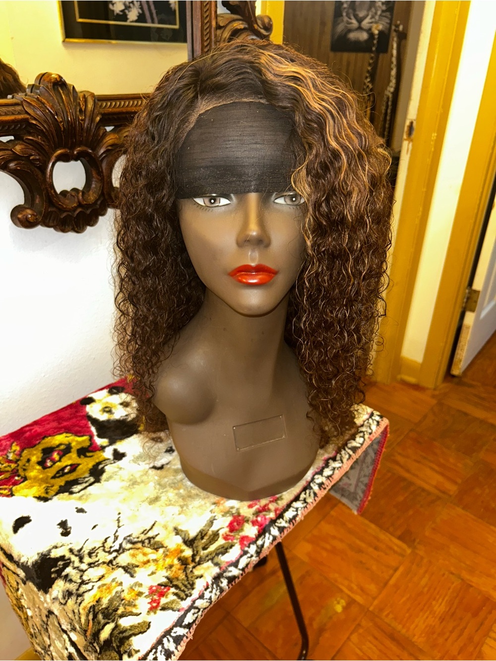 Natural Curly Brown Wig with Honey Blonde Highlights - Unbranded